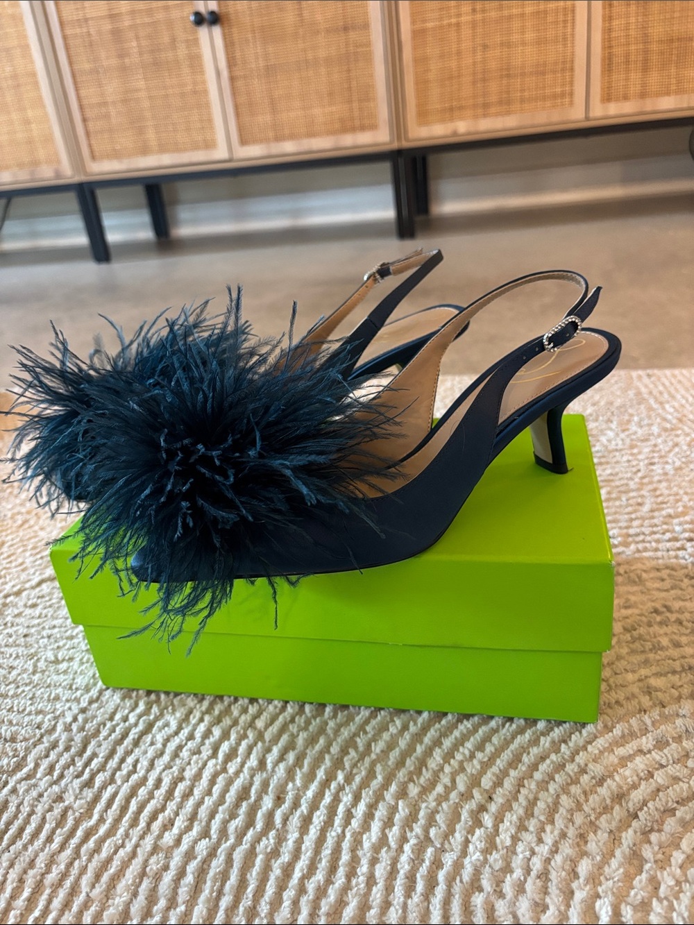 Sam Edelman Navy Feather Pom Slingback Heels